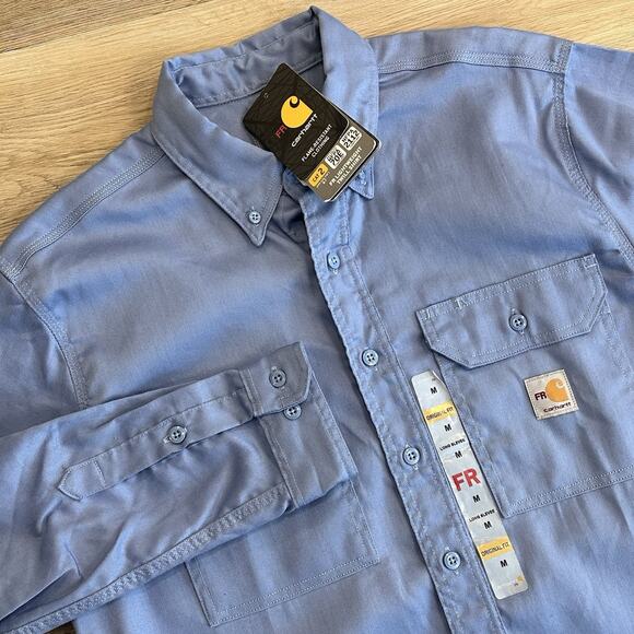 CARHARTT FR Shirt Men's Med Blue Work Wear Button Down Pockets Long Sleeve NWT - Picture 2 of 12